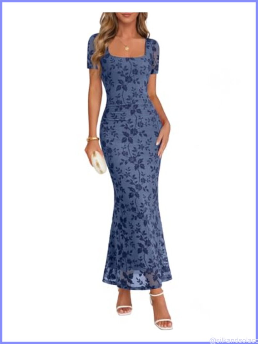 Floral Maxi Dress Square Neck Sheer Short Sleeve Bodycon Wedding Guest